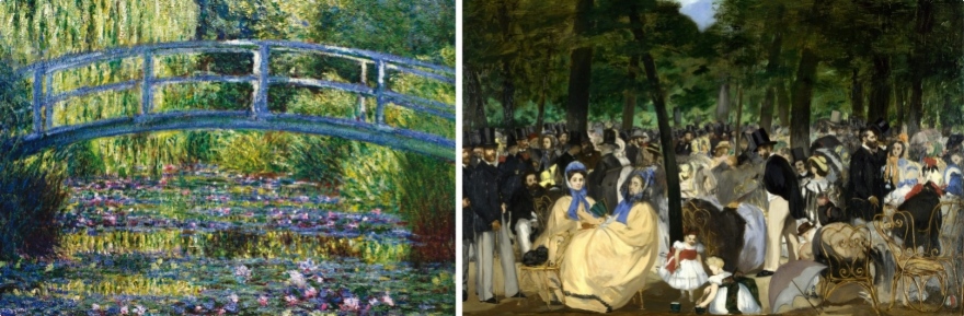 A gauche : ©Less Nymphéass -- Cllaude MONET / à droite :  ©La Musique aux Tuileries Edouard MANET